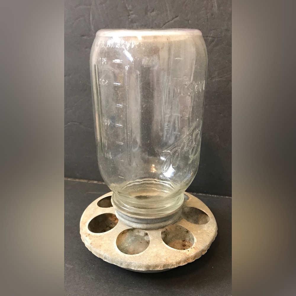 Vintage Mason Jar Poultry Feeder Metal Base